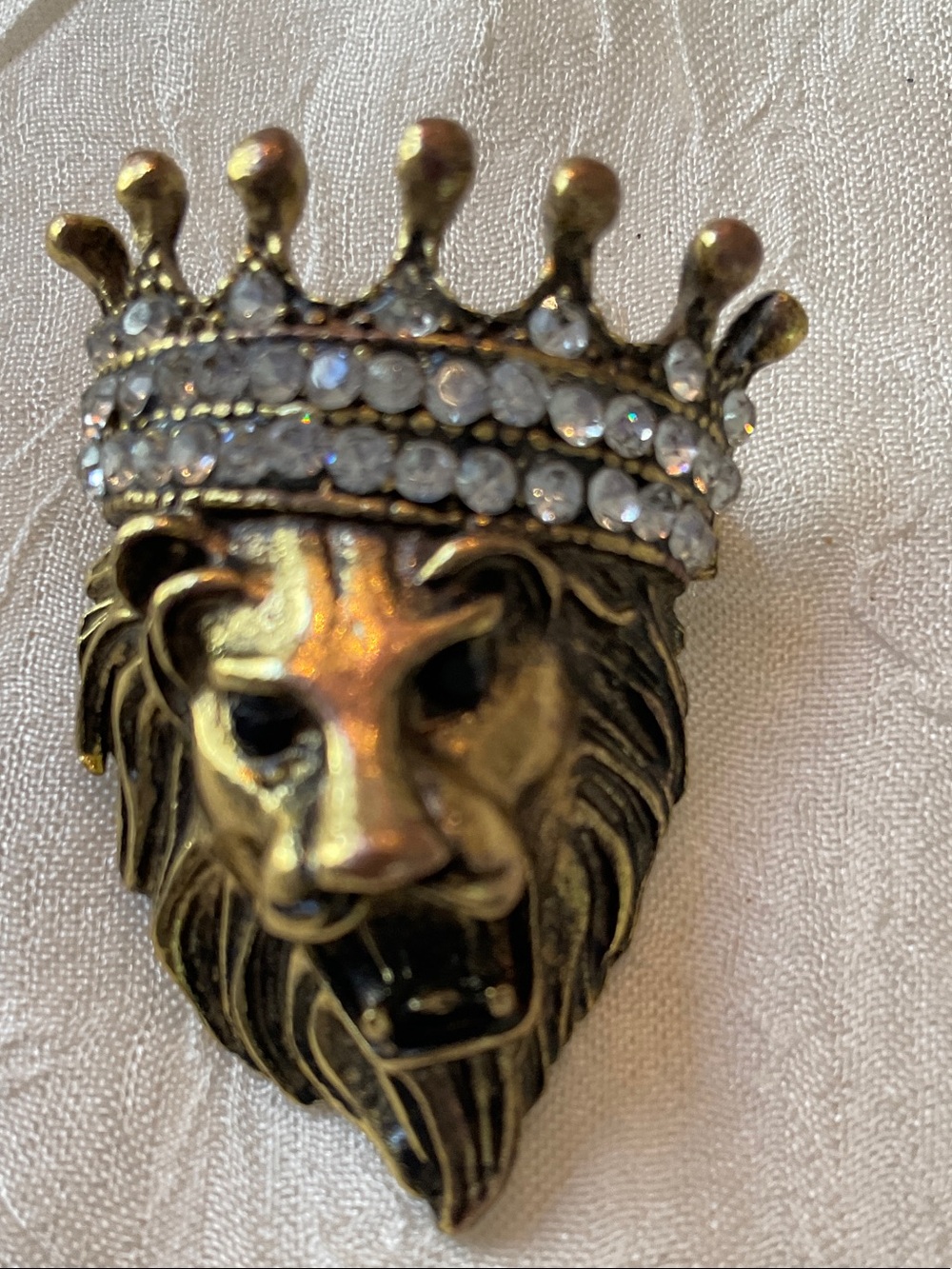 Gold Lion Head Brooch with Rhinestone Crown